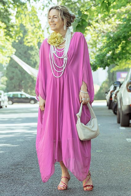 Vestido rosa kaftan com elastico