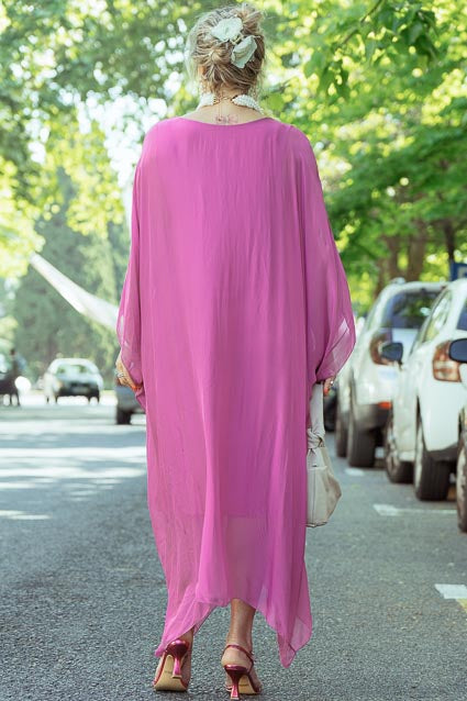 Vestido rosa kaftan com elastico