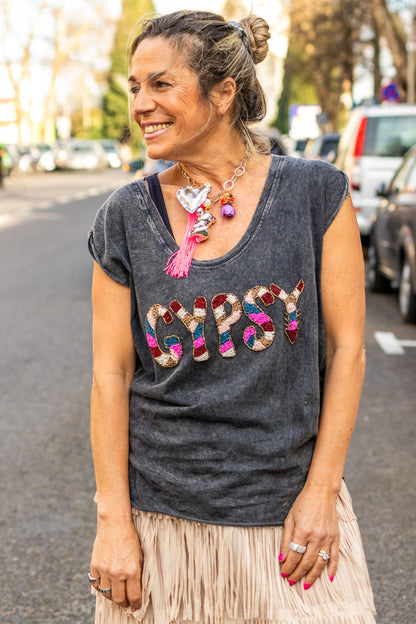 T-shirt gypsy bordado com miçangas
